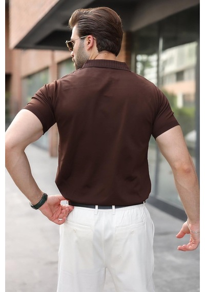 Madmext Kahverengi Regular Fit Polo Yaka Triko Erkek Tişört E7502