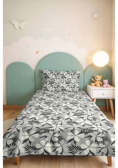 Çiçekli Gri Modern Tek Kişilik Pike Takımı - Botanik Beyaz Antrasit 160x220 Cm Kapitone Yatak Örtüsü Naif Gölge Kıyımı