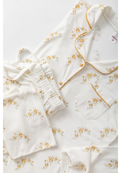 Nisanca Uzun Kol Gömlek Yaka Kadın Pinterest Pijama Takımı - Mevsimlik Kadın Pijama- Geniş Beden Aralığı Hardal