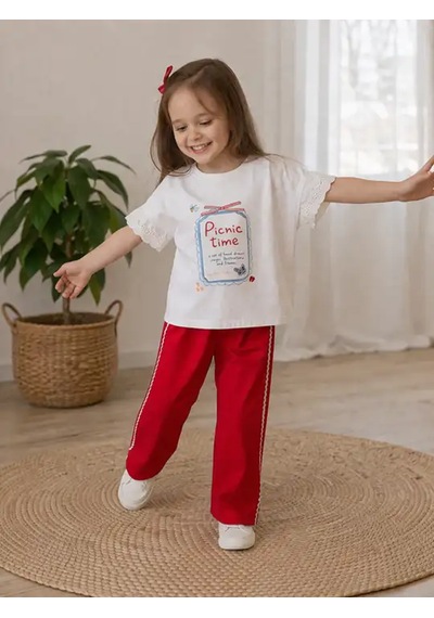 Bellamio Kids Kısa Kollu Kolları Brodeli Kız Çocuk Alt-üst Takım Kırmızı - Beyaz Bellamio Kids Kısa Kollu Kolları Brodeli Kız Çocuk Alt-üst Takım Kırmızı - Beyaz