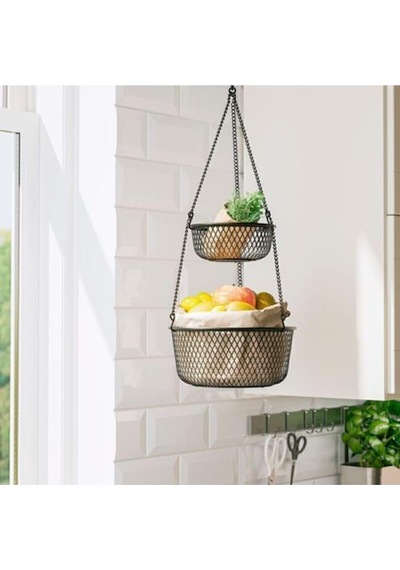 Siyah Renk Mutfak Askısı, Tel Sepet 2 Katlı, 25x63 Cm, Asılabilir Galvanizli Çelik Çok Renkli