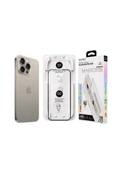 Fulltech Magicbox iPhone Uyumlu 15 Pro Max Premium Tempered Glass Aparatlı Ekran Koruyucu - Clear
