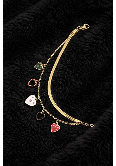 Çelik Çift Zincirli Kalp Figürlü Gold Bileklik Gümüş + Altın