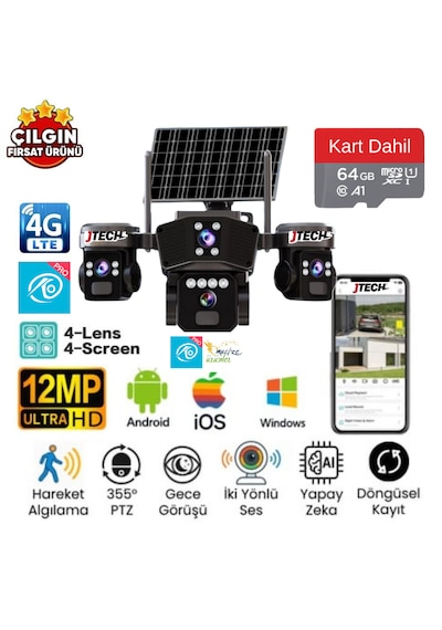 O-kam Ok-303 Premium 4g 4x3mp 12mp 4g Sim Kartlı Solar Panelli 4 Lens 1 Alert Ptz Akıllı Kamera + 64gb Sd Kart