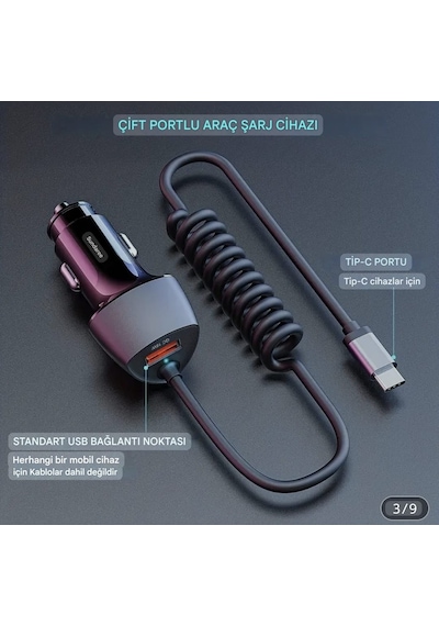 Sundaree 51w Karbon Fiber Yaylı Şarj Kablolu 2 Girişli Type-c Ve Usb Hızlı Ce Lisanslı Sertifkalı inal Sağlam Araç Şarjı Siyah Sundaree 51w Karbon Fiber Yaylı Şarj Kablolu 2 Girişli Type-c Ve Usb Hızlı Ce Lisanslı Sertifkalı inal Sağlam Araç Şarjı Siyah