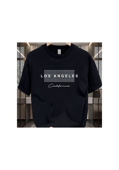 Caddemia Şık Gündelik Bol Los Angeles Desenli Baskılı Yuvarlak Yakalı Kısa K Siyah 2XL