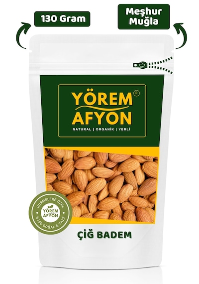 Yörem Afyon Meşhur Muğla Datça Yöresinden Tuzsuz Kavrulmamış Duble Boy Yerli Çiğ Badem Prunus Dulcis 130gr. 130 G