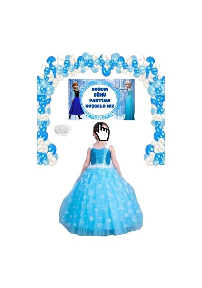Parti Selesi Frozen Elsa Askılı Kostüm Ve Lüks Doğum Günü Seti Mavi