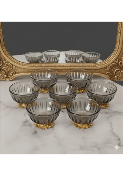 Çnr Home Collection 6'lı Füme Renk Gold Metal Ayakli Kahve Yani Lokumluk Füme
