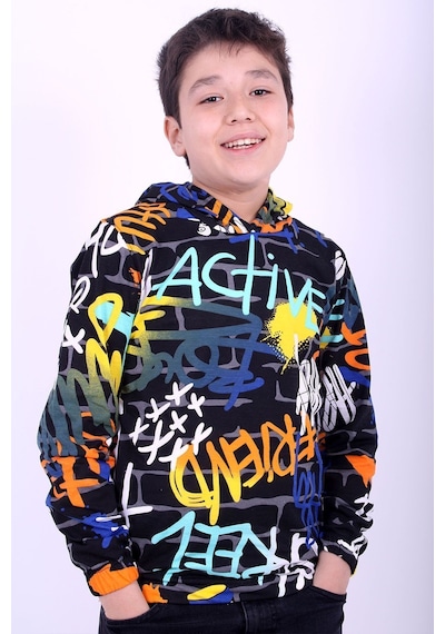 Fyk Kids Kapüşonlu Desenli Unisex Sweatshirt 2 İplik Siyah
