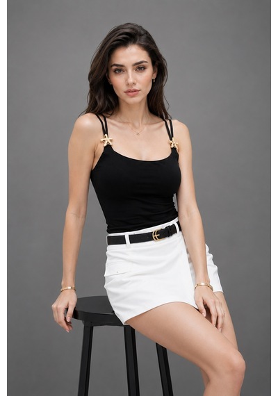 Wild Bee Kadın Siyah Aksesuar Detaylı İp Askılı Slim Fit Bluz