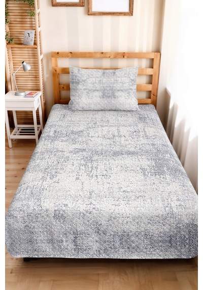 Mavi Gri Modern Genç Odası Tek Kişilik Pike Takımı - Mermer Dokulu 160x220 Cm Kapitone Yatak Örtüsü Kırçıllı Halı Serabı