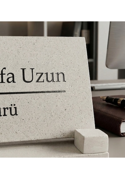 Masaüstü Düz Font İsimlik Seti Yeni İş Hediyesi Mermer İçerikli Beton Masa İsimliği Açık Bej