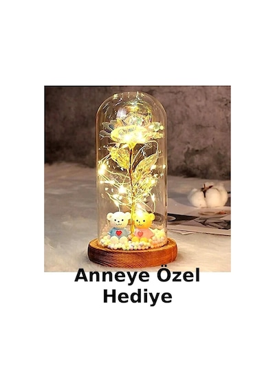 LED Işıklı Güllü Cam Fanus Ayıcıklı Gece Lambası Anneler Günü Hediyesi -