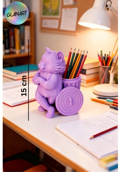 3 Boyutlu Kedi Figürlü Masa Üstü Kalemlik 3d Filament 1 Adet Mor