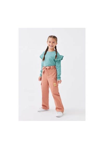 LC Waikiki Bisiklet Yaka Basic Uzun Kollu Kız Çocuk Tişört Mat Yeşil