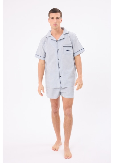 L'espadon Marısılk Seastrıpe Erkek Yazlık Şortlu Gömlekli Pijama & Lounge Takımı-3178 Mavi
