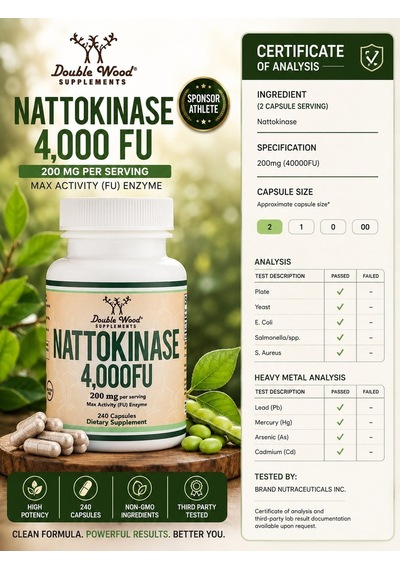 Double Wood Supplements Nattokinase 4,000 Fu, Supports Healthy Circulation, 240 Capsules Aromasız