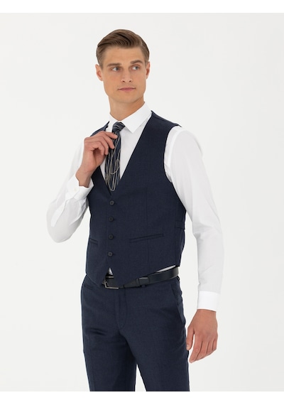 Cacharel Lacivert Slim Fit Yün Karışımlı Çizgili Klasik Yelek