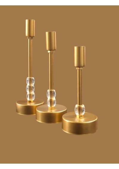 Üçlü Metal Mumluk Gold Boyalı Sarı