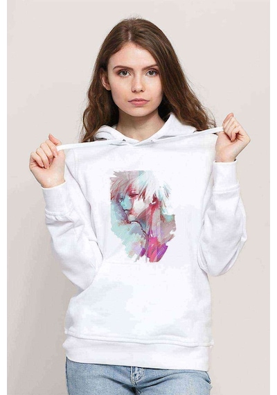 Anime Tokyo Ghoul Anteiku Baskılı Beyaz Kadın Kapşonlu Sweatshir (534767545)