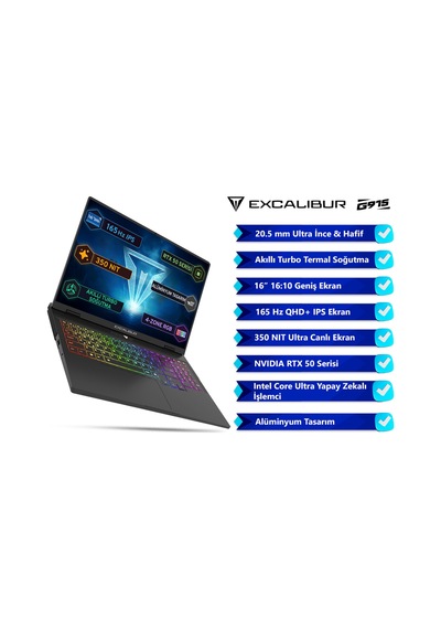 Casper Excalibur G915 AI G915.356H-BF60X-C Core Ultra 7-356H 16 GB 1 TB RTX5060 16" Free Dos Dizüstü Bilgisayar