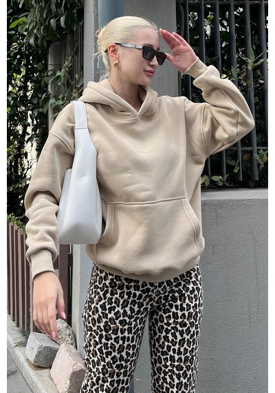 Bej Kapüşonlu Şardonlu Oversize Cepli Sweatshirt Mg2206