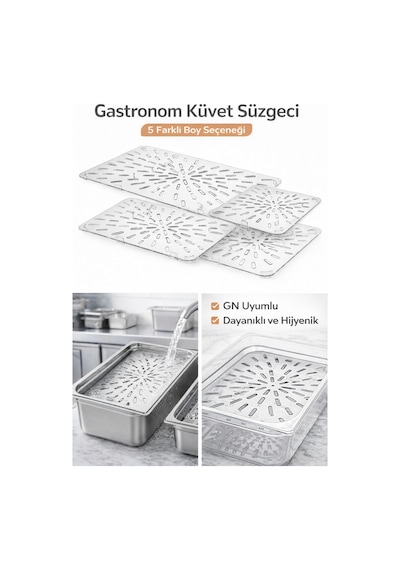 Gastronom Küvet Süzgeci 53 X 32 Cm Gn Uyumlu Delikli Süzgeç 5 Farklı Boy Profesyonel Mutfak Şeffaf