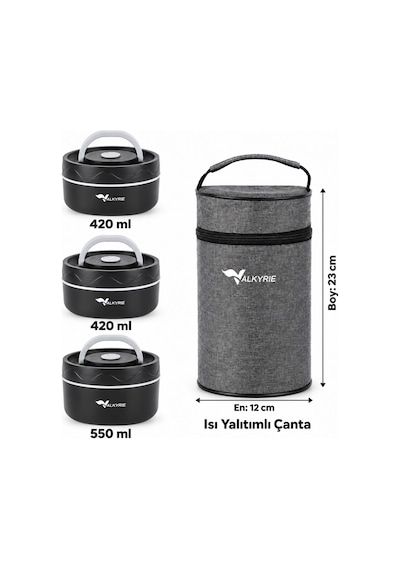 Valkyrie 3 Katlı Taraftar 304 Paslanmaz Çelik Yemek Termosu 420+420+550ml Isı Yalıtımlı Çantalı Siyah