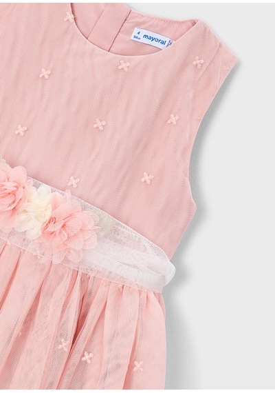 Kız Çocuk Güpürlü Kemer Detaylı Tül Elbise Pembe 3919 Pembe