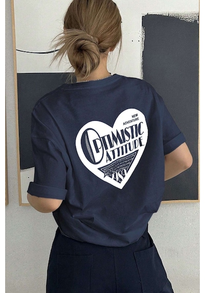 Unisex Optimistic Baskılı Tasarım Tshirt Lacivert