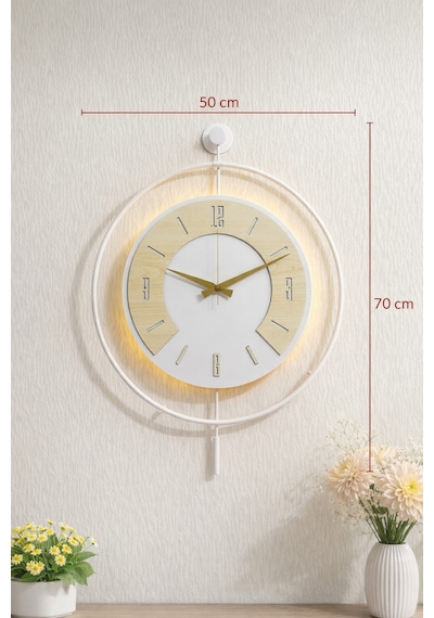 Pey Aksesuar 50x70 Cm Metal Ahşap Ve Işığın Muhteşem Uyumu Duvar Saati Dekoratif Ahşap-m54-beyaz-beyaz-akça-akça