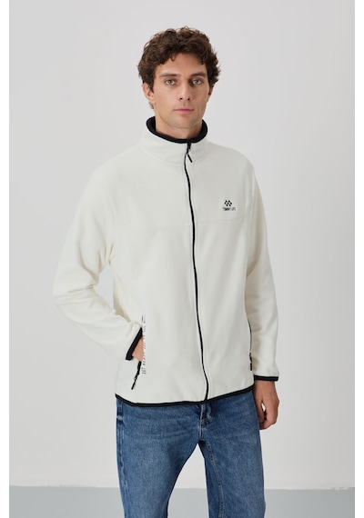 Tommy Life Ekru Yazı Nakışlı Dik Yaka Fermuarlı Standart Kalıp Erkek Sweatshirt Polar - 87992 Ekru