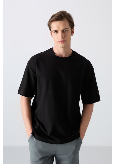 Tommy Life Siyah Pamuklu Kalın Yüzeyi Dokulu Oversize Fit Basic Erkek T-shirt - 88340 Siyah
