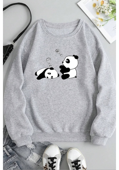 Unisex Uykucu Panda Baskılı Bisiklet Yaka Sweatshirt Gri