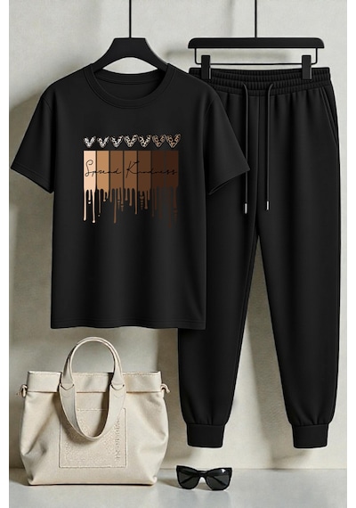 Uyguntarz Unisex Leopar Kalp Baskılı Eşofman Takımı Siyah