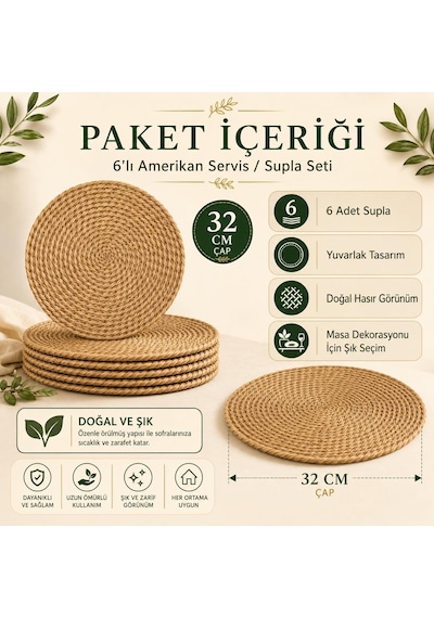 Tr Hasır Supla 6'li Set - 32 Cm Yuvarlak Amerikan Servis - Doğal Hasır Görünümlü El Örgüsü Supla Takımı - Ru Diğer