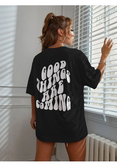 Good Things T-shirt - Siyah Baskılı Oversize Bisiklet Yaka Kısa Kol Tişört Siyah