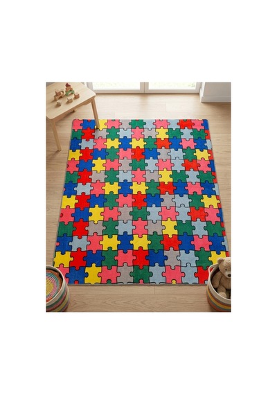 Renkli Puzzle Desenli Çocuk Odası Halısı Kaymaz Taban Eğlenceli Oyun Halısı Çok Renkli