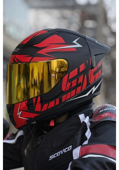 Rapıd 2 Cromo Mat Siyah-kırmızı Kask-gold Vizör-spoiler Gold