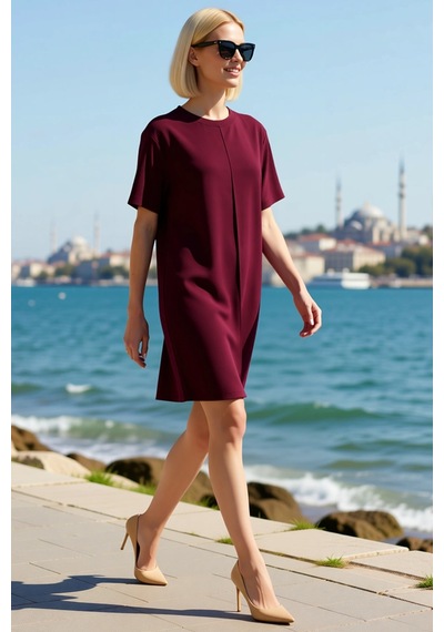 Benerly Kadın Mini Shift Kesim Kısa Kollu Bisiklet Yaka Viskon Süprem Örm Bordo