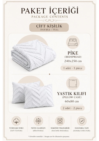 Krem Çift Kişilik Bohem Pike Takımı Mevsimlik 240x250 Yatak Örtüsü Seti Lissia