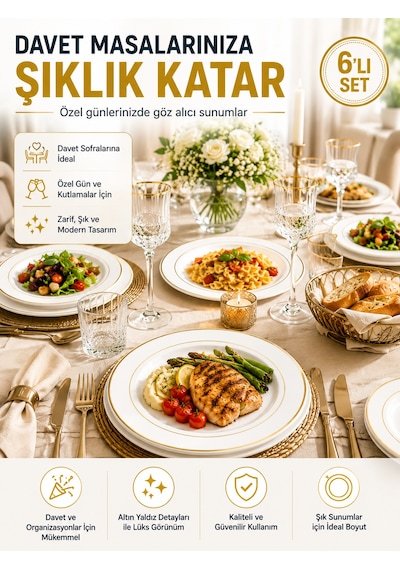 6'lı Altın Yaldızlı Plastik Tabak 26 Cm Porselen Görünümlü Kullan At Parti Davet Servis Tabağı