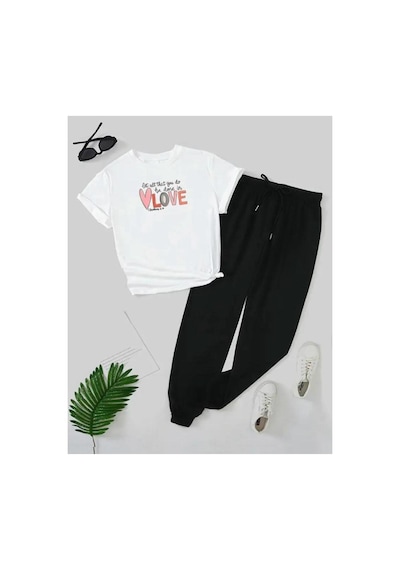 Medinenur Love Baskılı T-shirt Eşofman Altı Jogger Rahat Kalıp Siyah Eşofman Takım Beyaz
