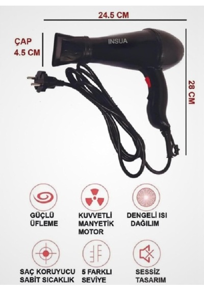 Ins 5200 Profesyonel Saç Kurutma Makinesi, Siyah