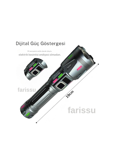 Ultra Güçlü Beyaz Lazer Led El Feneri - 2 Km Menzilli & Powerbank Özellikli Çift Pil Setli Gri