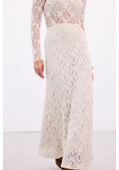 Sateen Dantelli Uzun Etek - Bej-136892 Bej