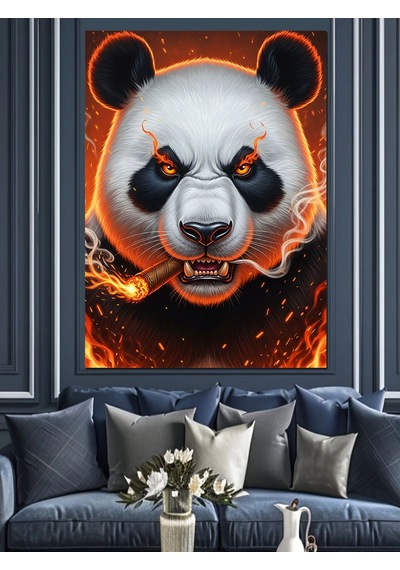 Ahşap Tablo Ağzında Puro Olan Öfkeli Panda