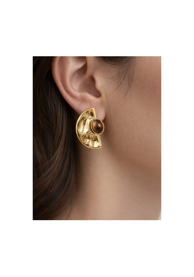 Lunarie Vintage Gold Dalgalı Yarım Ay Küpe Renkli Taşlı Çelik Kahverengi