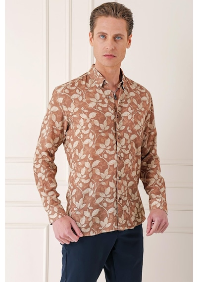 Efor Comfort Fit Düğmeli Yaka Yaprak Desenli Pamuk Casual Vizon Gömlek G 1567 Vizon